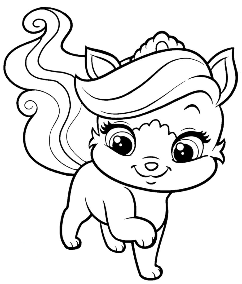 Desenho de uma cachorrinha filhote da Bobbie Goods com topete, cachos e coroa, em estilo cartoon, para imprimir e colorir.