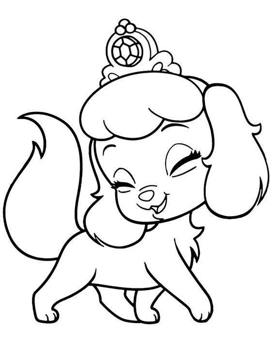 Desenho de uma cachorrinha Bobbie Goods usando uma coroa com joia, estilo cartoon, para imprimir e colorir.