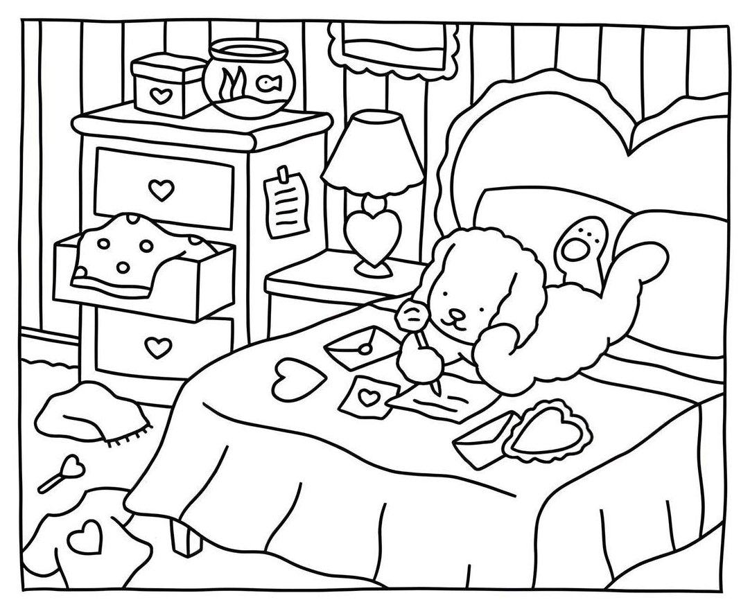 Desenho de um cachorro Bobbie Goods deitado na cama em formato de coração escrevendo cartas de amor em seu quarto para imprimir e colorir.