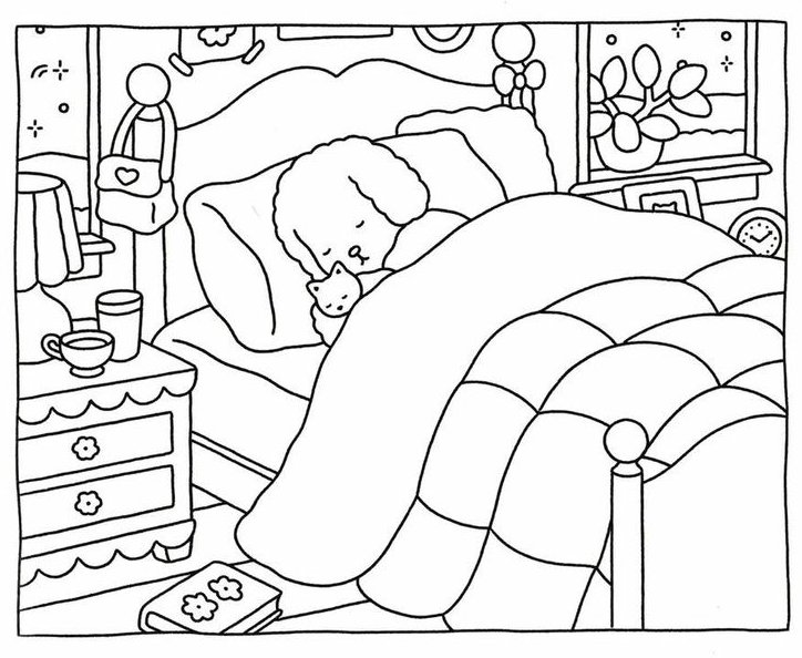 Desenho de um cachorro Bobbie Goods dormindo em sua cama com um gatinho de pelúcia, em um quarto aconchegante para imprimir e colorir.