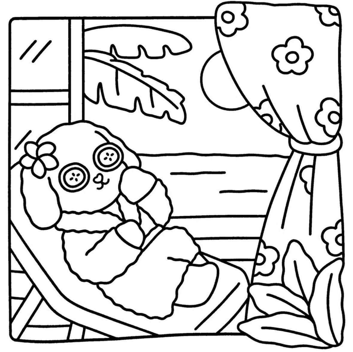 Desenho de um cachorro Bobbie Goods relaxando em uma cadeira de praia com uma toalha e vista para o mar para imprimir e colorir.