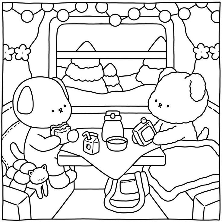 Desenho da Bobbie Goods com cachorros em uma mesa com vista para montanhas nevadas, perfeito para colorir e aprender sobre amizade e natureza.