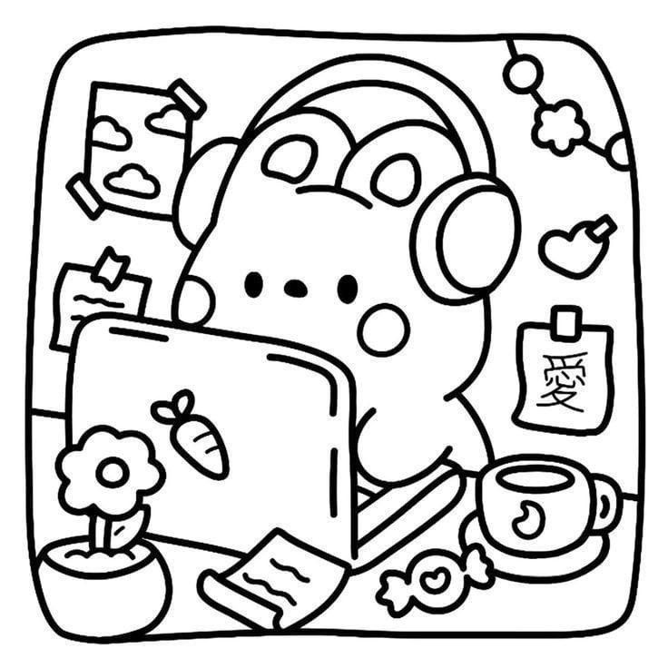 Desenho fofo da Bobbie Goods com personagem usando laptop, fones de ouvido e adesivo de cenoura para imprimir e colorir.