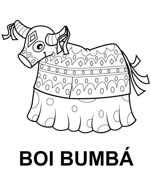 Desenho de Boi Bumbá estilizado com losangos, fitas e a legenda 'BOI BUMBÁ' para imprimir e colorir.