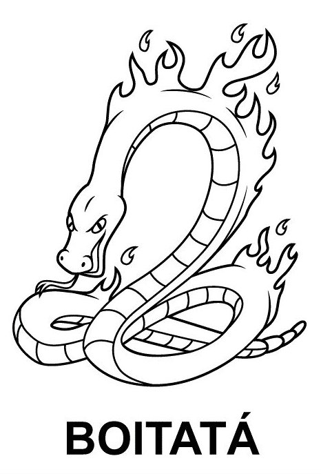 Desenho do Boitatá, a cobra de fogo do folclore brasileiro, com corpo em chamas e olhar ameaçador para colorir.