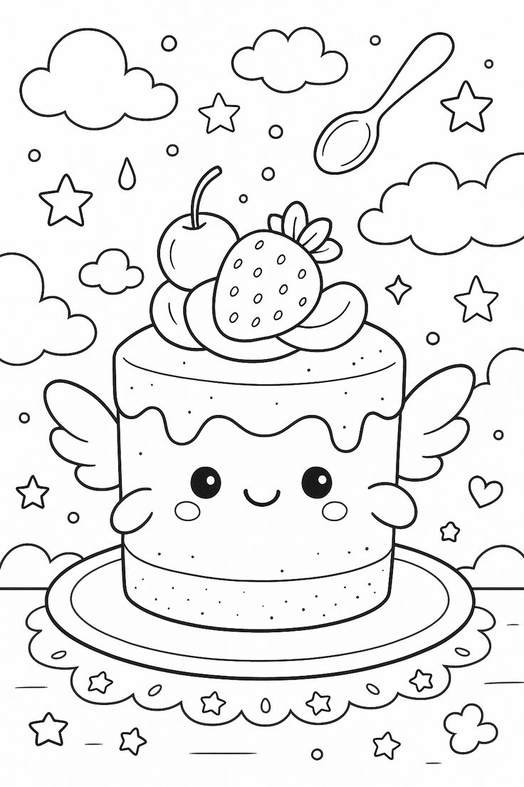 Desenho de um Bolinho de Festa Kawaii, guardião da Pâtisserie Mágica, com asas de pastelaria e frutas coloridas, pronto para colorir.