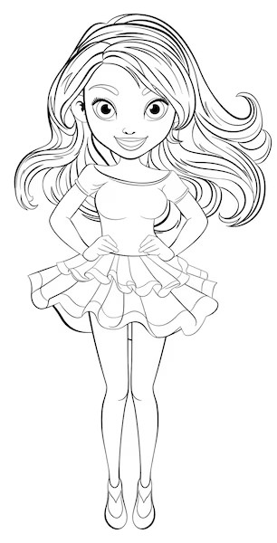 Desenho de boneca bailarina com cabelos longos e ondulados, vestida com saia de babados e sapatilhas, pronta para colorir e dançar.