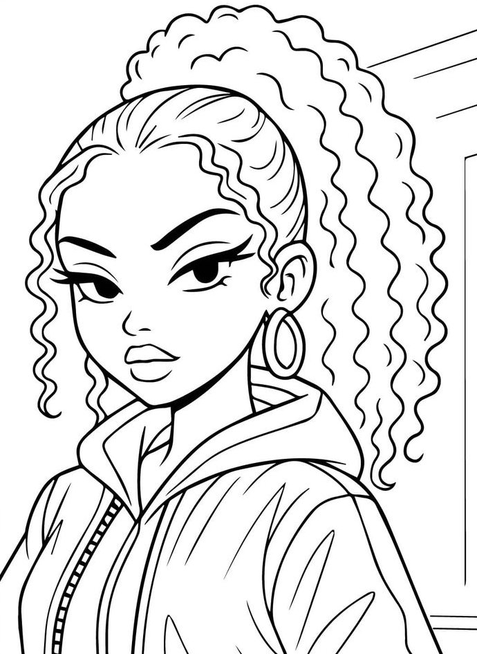 Desenho de boneca com cabelo cacheado preso em um rabo de cavalo, brincos de argola e um estiloso casaco com capuz para imprimir e colorir.