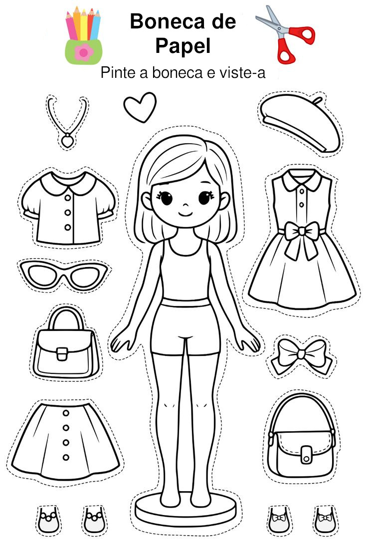 Desenho de boneca de papel com cabelo curto, roupas e acessórios como vestidos, sapatos e bolsas para imprimir e colorir.