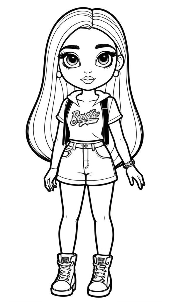 Desenho de boneca estudante com cabelos longos, camiseta, shorts, mochila e tênis para imprimir e colorir.
