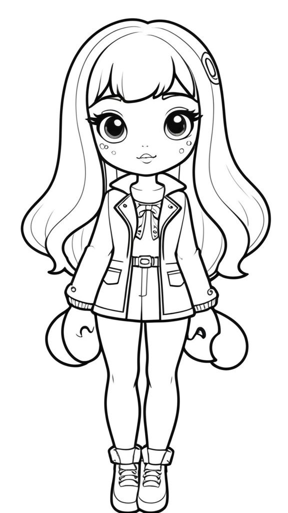 Boneca fashion e moderna com cabelos longos, jaqueta estilosa e um polvo fofo nas mãos, pronta para imprimir e colorir.