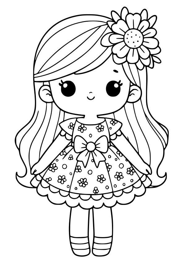 Desenho de boneca kawaii com flor no cabelo, olhos grandes e vestido floral para imprimir e colorir.