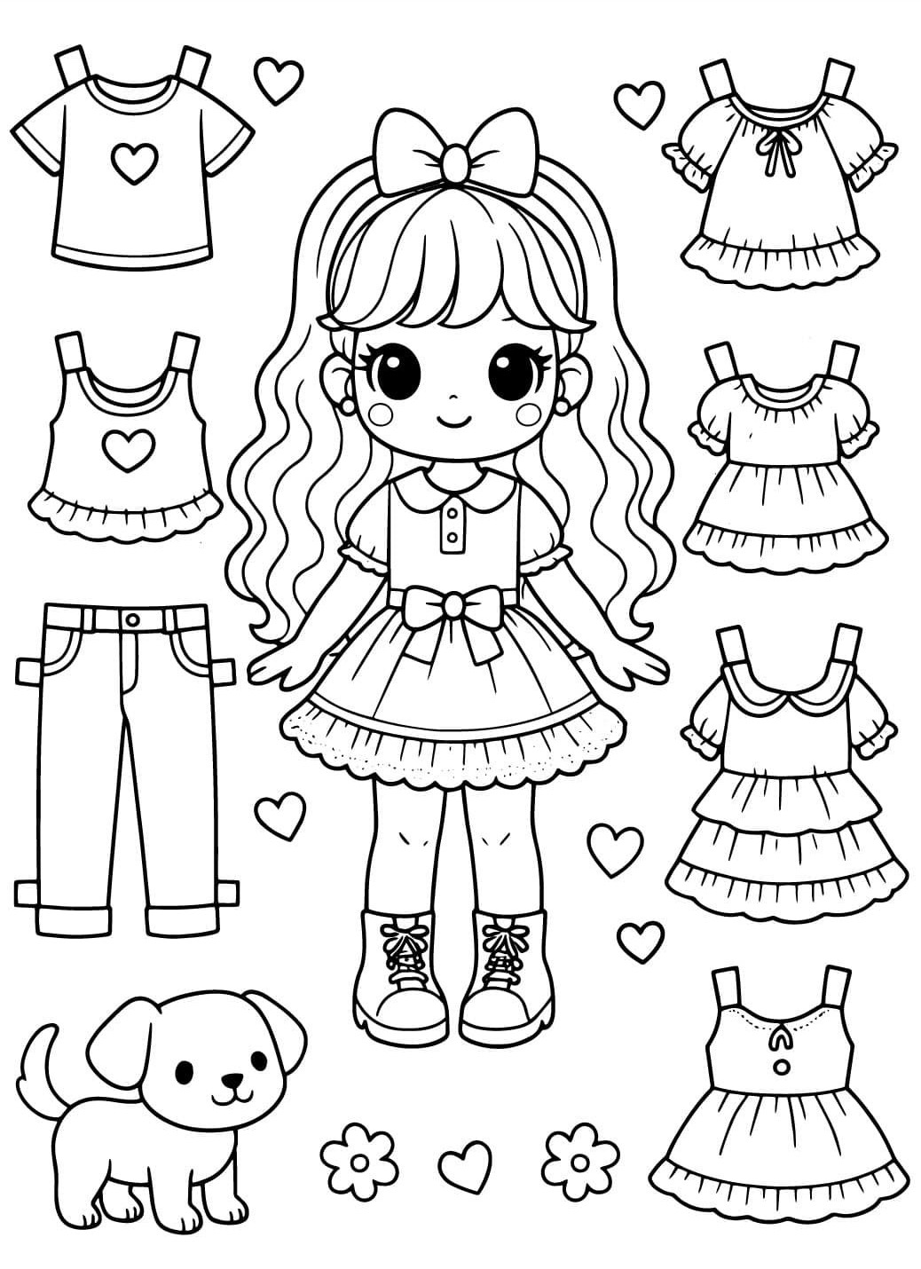 Desenho de boneca kawaii com roupas e acessórios para colorir, recortar e criar diferentes looks.
