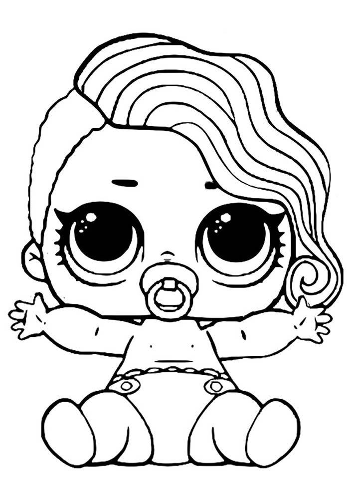 Desenho da Boneca LOL bebê com olhos grandes, chupeta e fralda, perfeita para imprimir e colorir.