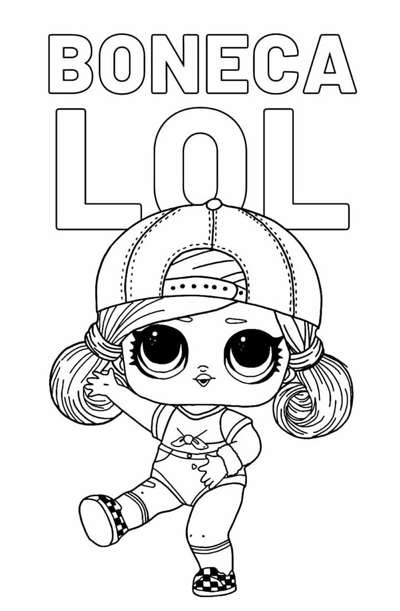 Desenho da Boneca LOL com olhos grandes, collant com laço, tênis quadriculado e boné para trás, pronta para imprimir e colorir.