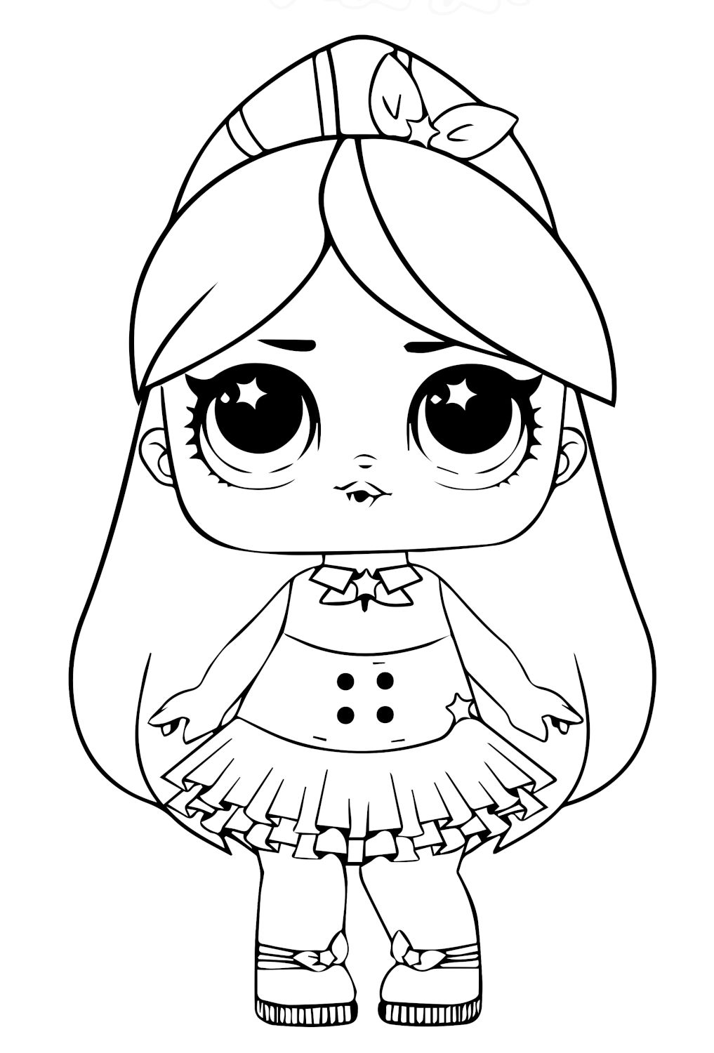 Desenho da Boneca LOL fashion com cabelo longo, vestido com babados e chapéu, ideal para imprimir e colorir.