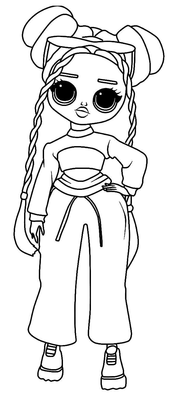 Desenho da Boneca LOL moderna com coques, cropped, calça larga e tênis, ideal para imprimir e colorir.