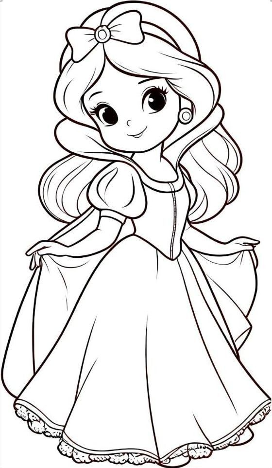  para colorir da Branca de Neve em estilo cartoon com vestido longo, laço e brincos.