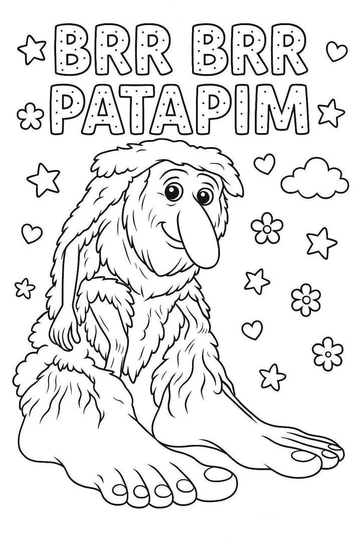 Desenho do Brr Brr Patapim, meme viral do TikTok, com estrelas, corações e flores para imprimir e colorir.