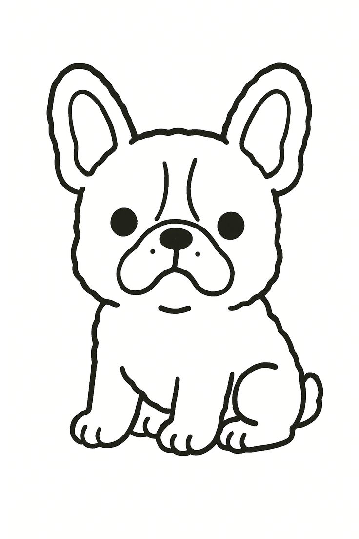 Desenho de um bulldog francês fofo com traços simples e estilo cartoon para imprimir e colorir.