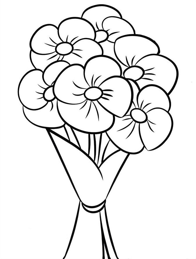 Desenho de buquê de flores com pétalas arredondadas, hastes longas e fita decorativa para imprimir e colorir.