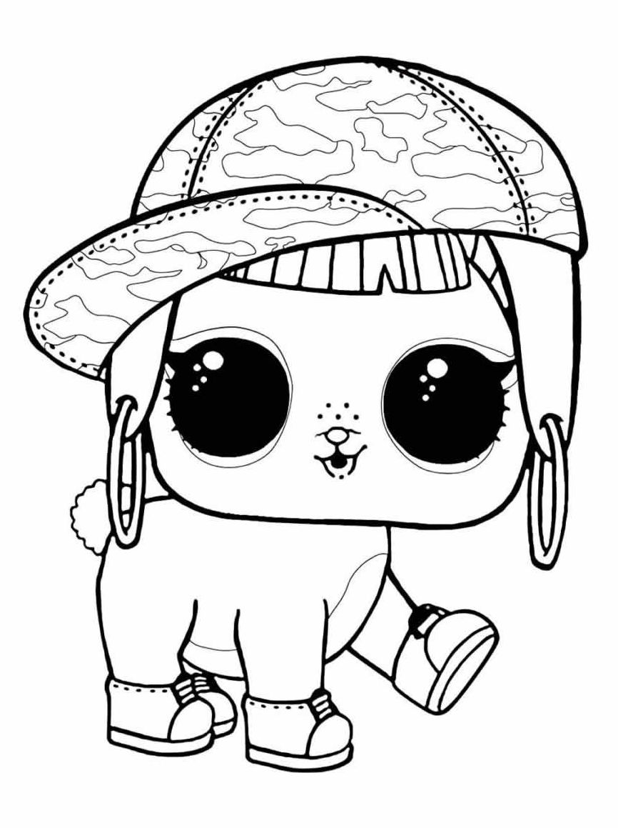 Desenho da cachorrinha da LOL com boné camuflado, brincos de argola e sapatos, perfeita para imprimir e colorir.