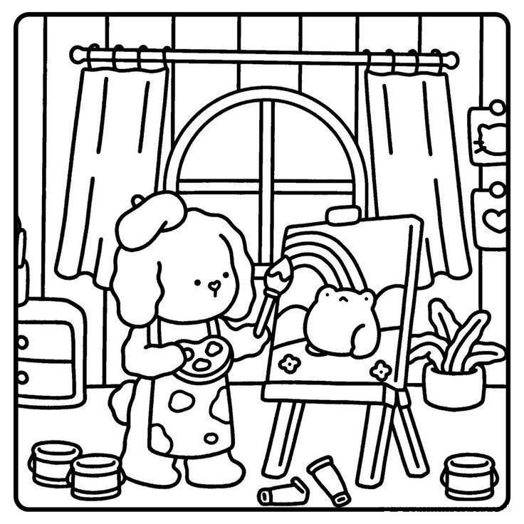 Desenho de um cachorro artista da Bobbie Goods com boina, avental, paleta de tintas e um arco-íris sendo pintado em um cavalete para imprimir e colorir.