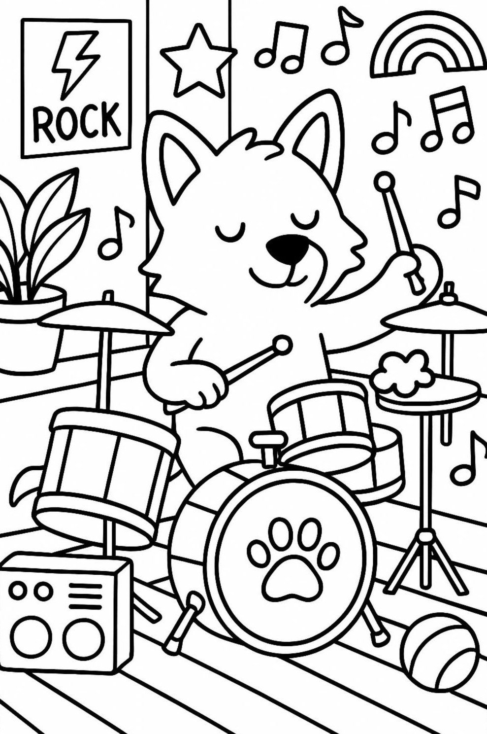 Desenho de um cachorro tocando bateria com muita energia, ideal para crianças que amam música e animais.