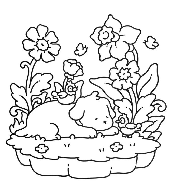 Desenho de um cachorrinho dormindo em uma nuvem com flores, borboletas e pássaros para imprimir e colorir.