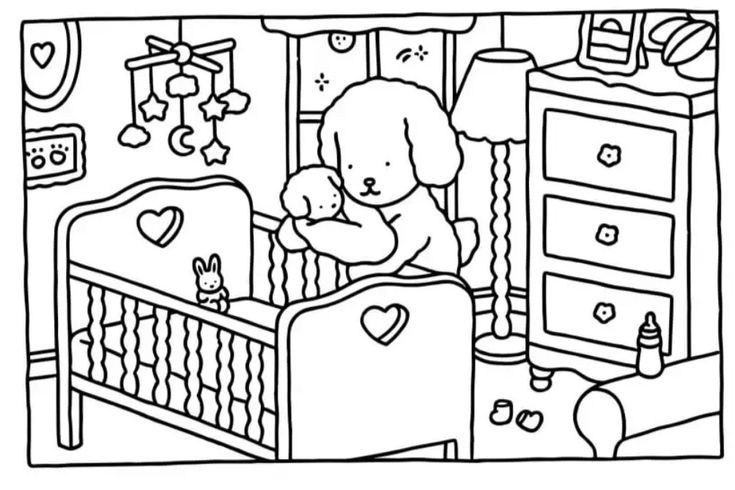 Desenho fofo de um cachorro segurando um filhote em um berço decorado com um coração, em um quarto de bebê aconchegante para colorir.