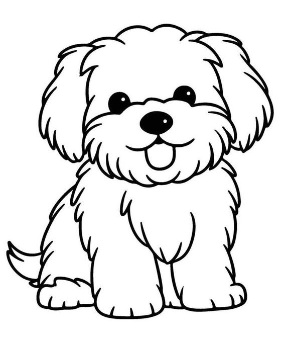 Desenho de um cachorro peludo, sentado e com a língua para fora, em estilo cartoon para imprimir e colorir.