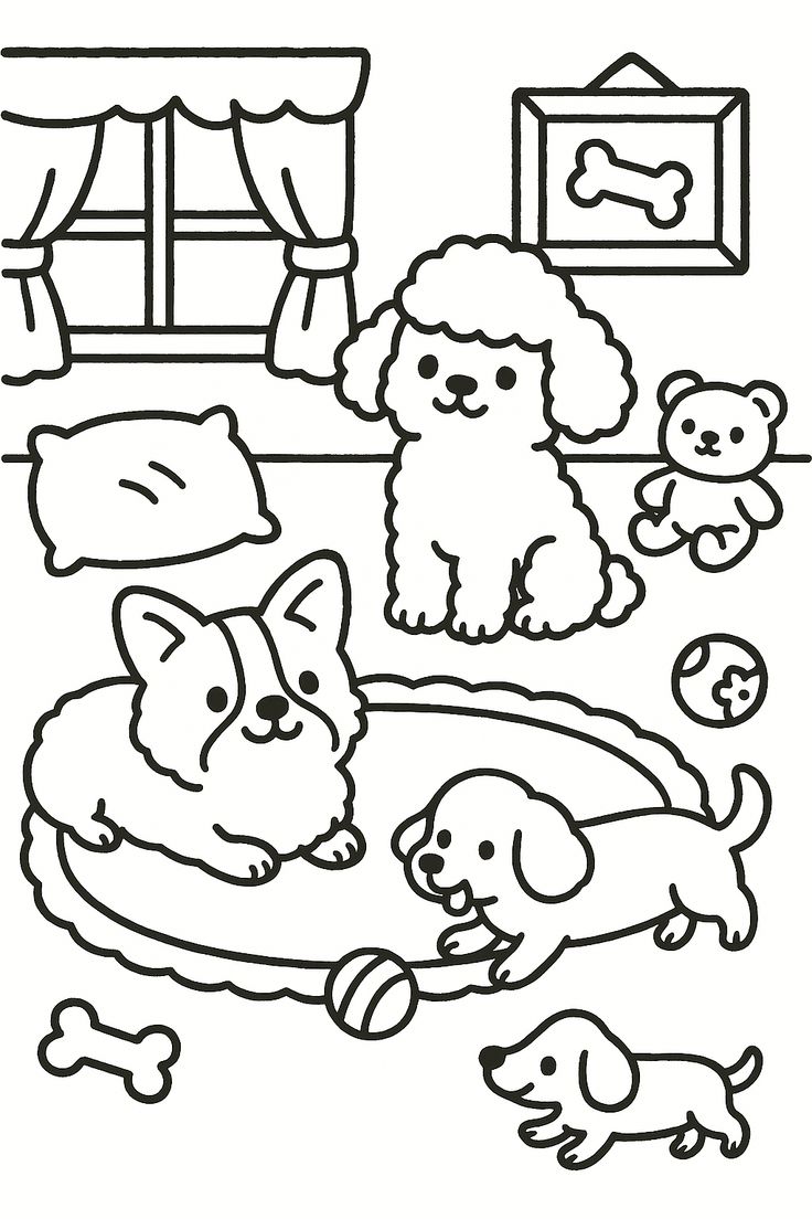 Desenho de cachorros de diferentes raças, incluindo poodle, corgi e filhotes, brincando em um ambiente aconchegante para imprimir e colorir.