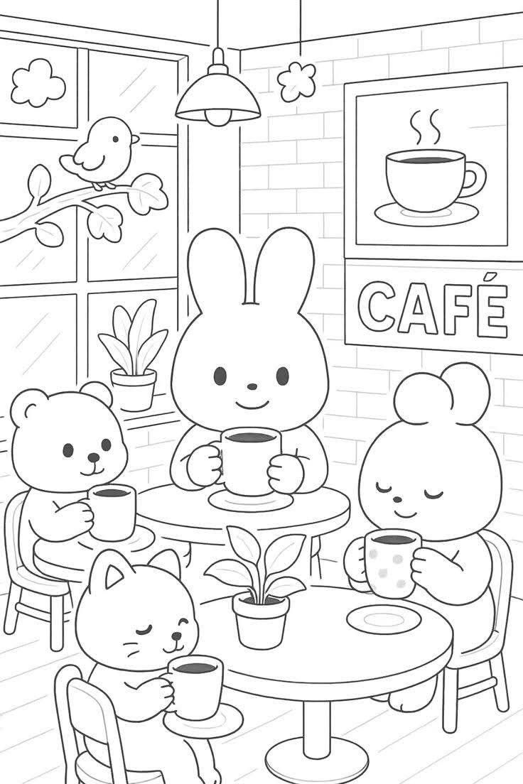 Desenho de um Café Bobbie Goods com ursos, coelhos e gatos bebendo café em um ambiente aconchegante para imprimir e colorir.