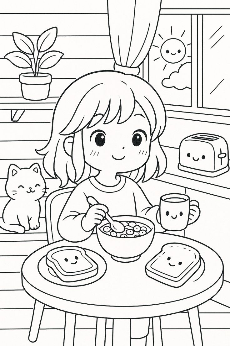 Desenho kawaii da Bobbie Goods de uma menina tomando café da manhã com gato, torradeira e comida sorrindo, pronto para imprimir e colorir.