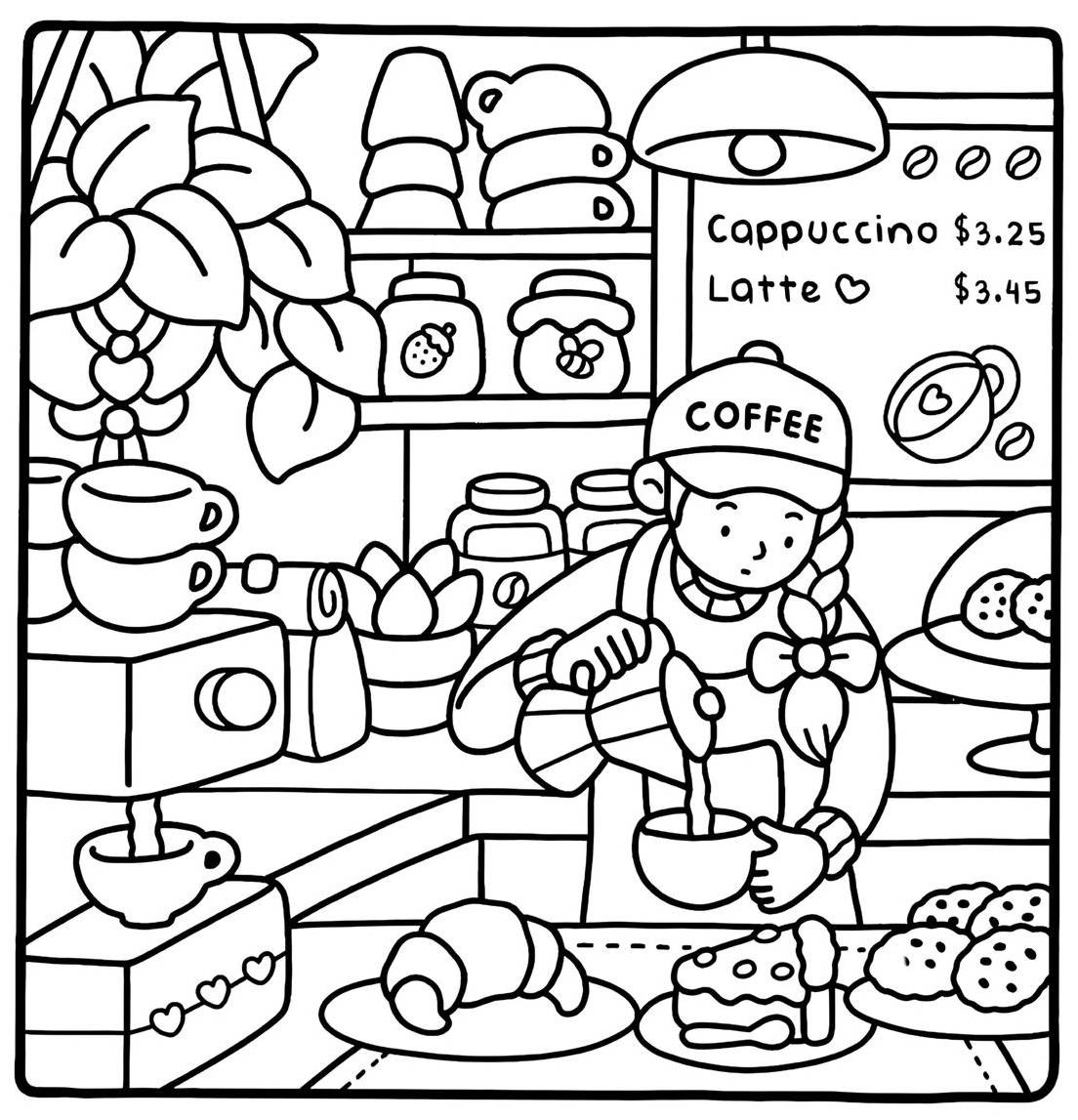 Desenho de Cafeteria Bobbie Goods com barista, prateleiras de biscoitos, plantas e balcão de café para imprimir e colorir.