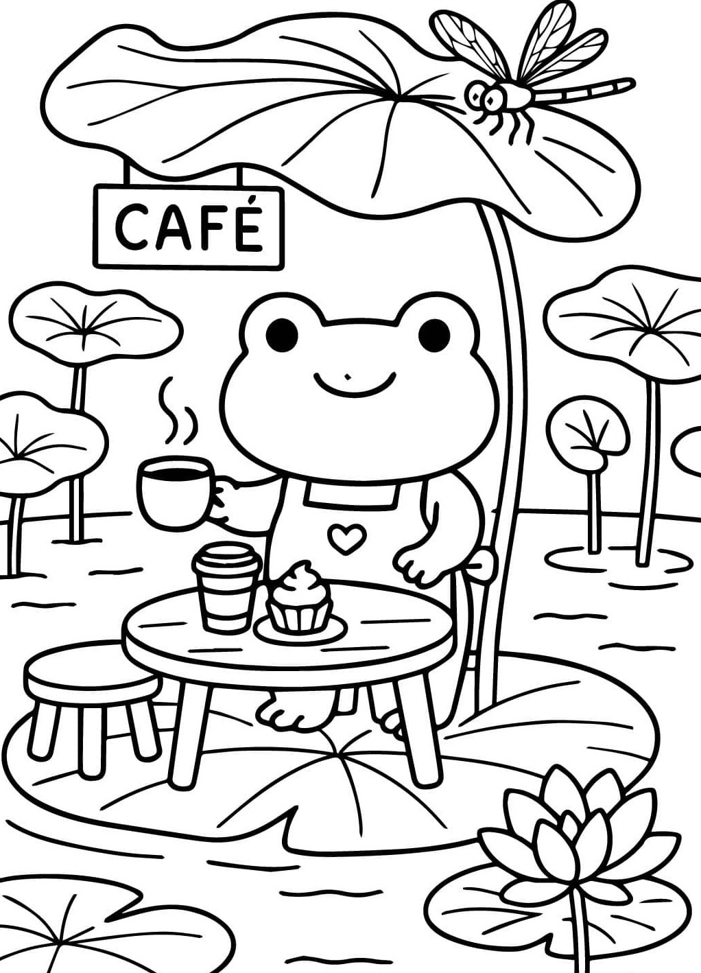 Desenho de uma cafeteria mágica na lagoa, comandada por um sapo barista com folhas de lótus para imprimir e colorir.