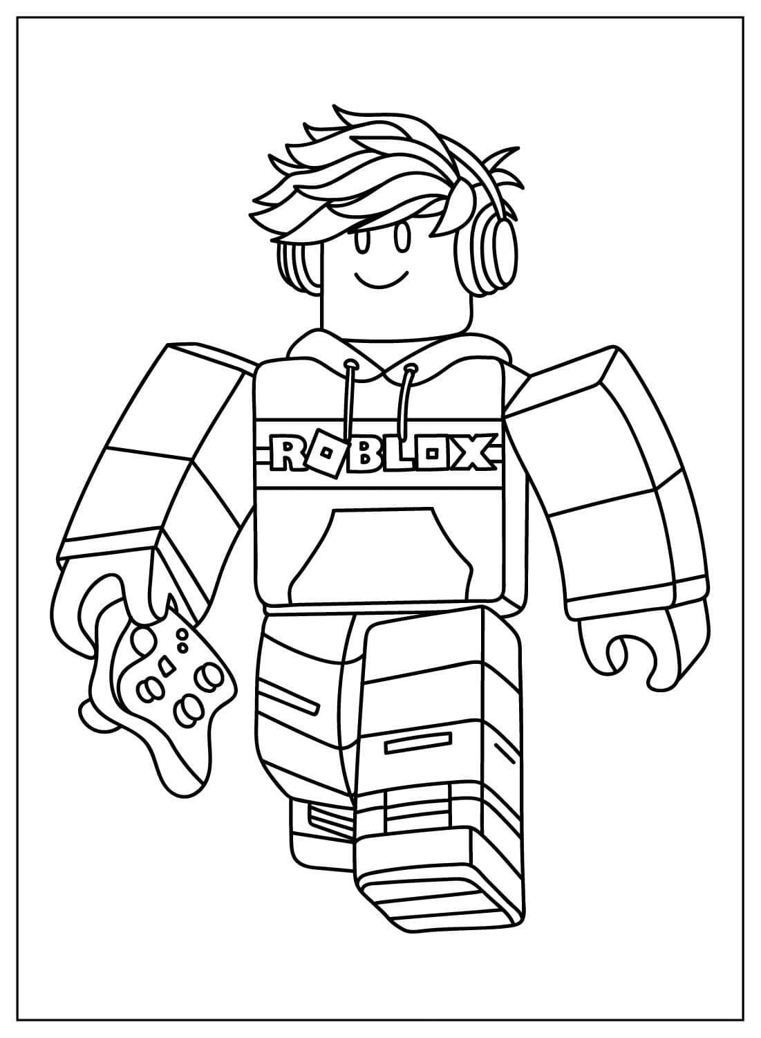 Desenho do Caio, o gamer do Roblox, com fone, hoodie e mochila, pronto para colorir e embarcar em grandes aventuras virtuais.