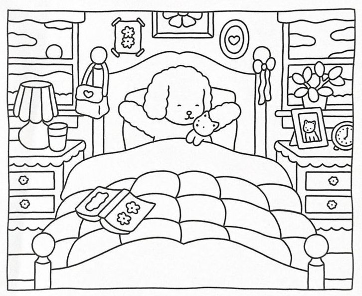 Desenho da Bobbie Goods de um cachorrinho fofo deitado na cama abraçando um gato de pelúcia para imprimir e colorir.
