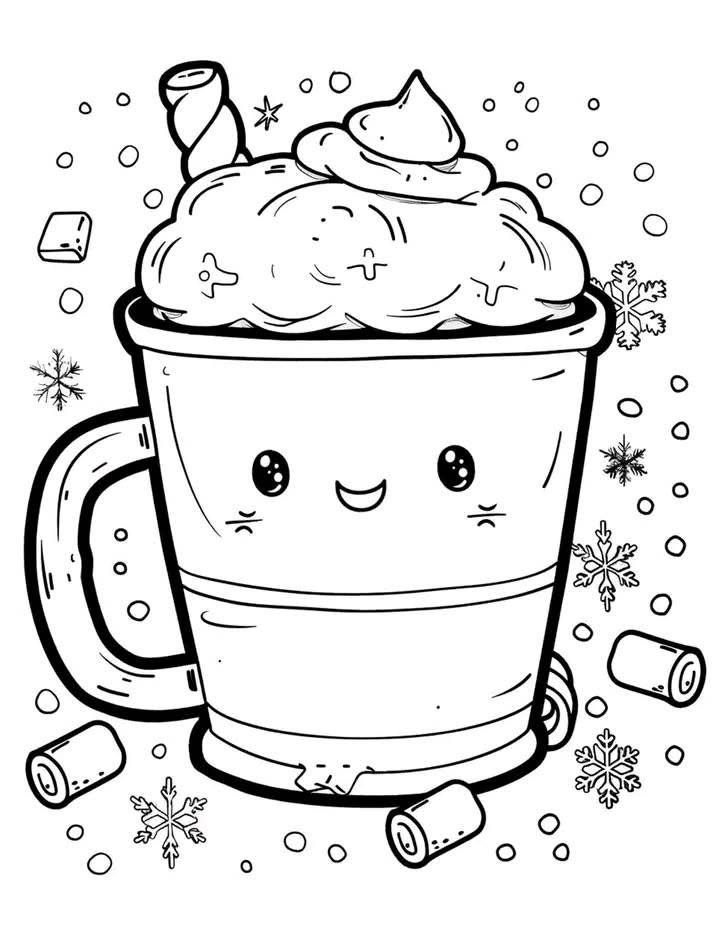 Desenho de uma caneca Kawaii aconchegante com chocolate e chantilly para imprimir e colorir.