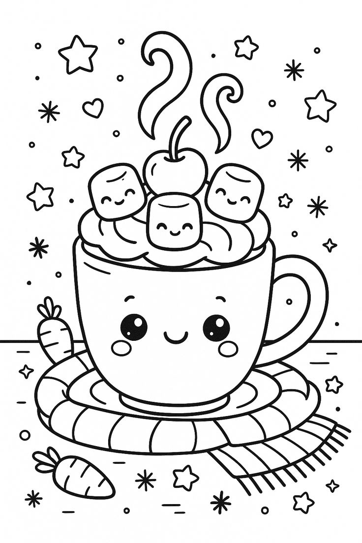 Desenho de uma caneca Kawaii de inverno com marshmallows sorridentes e cachecol para imprimir e colorir.