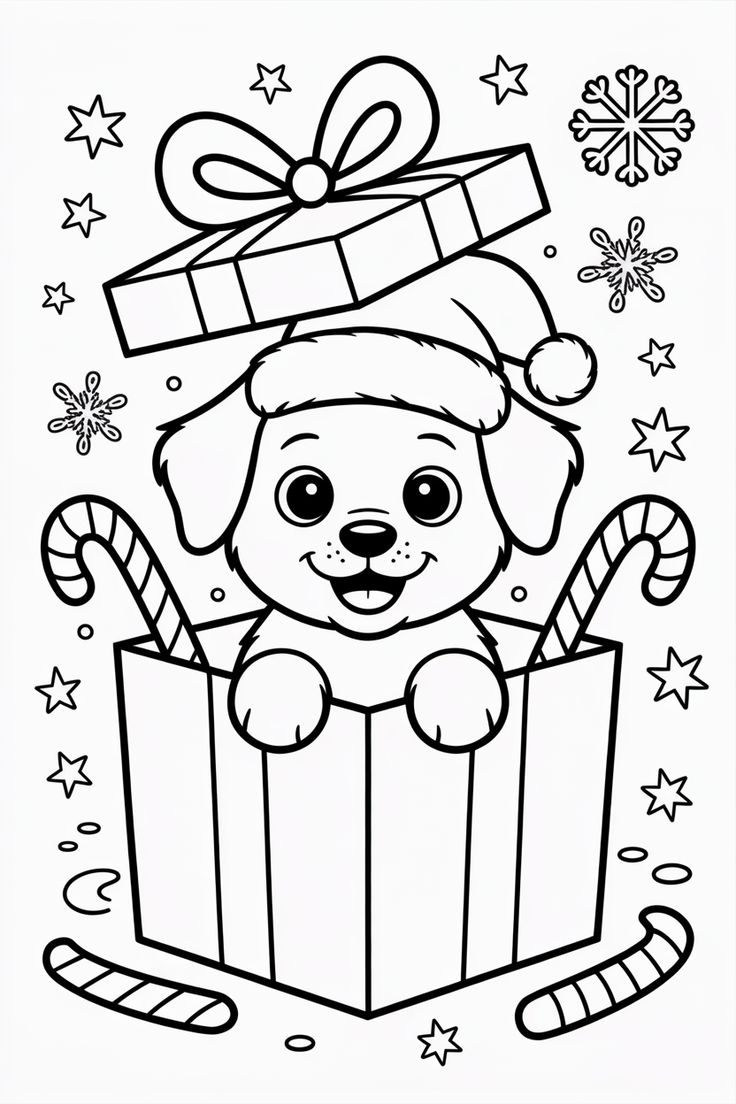 Desenho de um cãozinho fofo usando um gorro de Natal dentro de uma caixa de presente com bastões de doces e flocos de neve para imprimir e colorir.