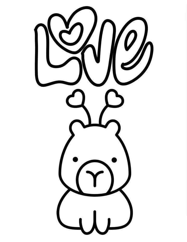 Desenho de uma capivara fofa com a palavra Love, focinho em forma de Y e antenas com corações para imprimir e colorir.