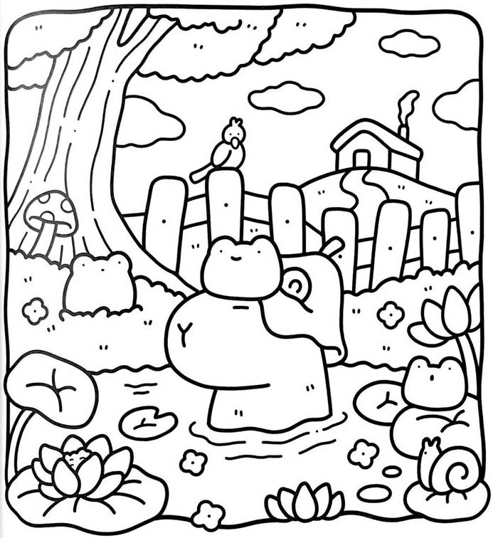 Desenho da Bobbie Goods de uma capivara fofa em um lago cheio de nenúfares, flores de lótus, sapos e uma casinha charmosa ao fundo, pronto para imprimir e colorir.