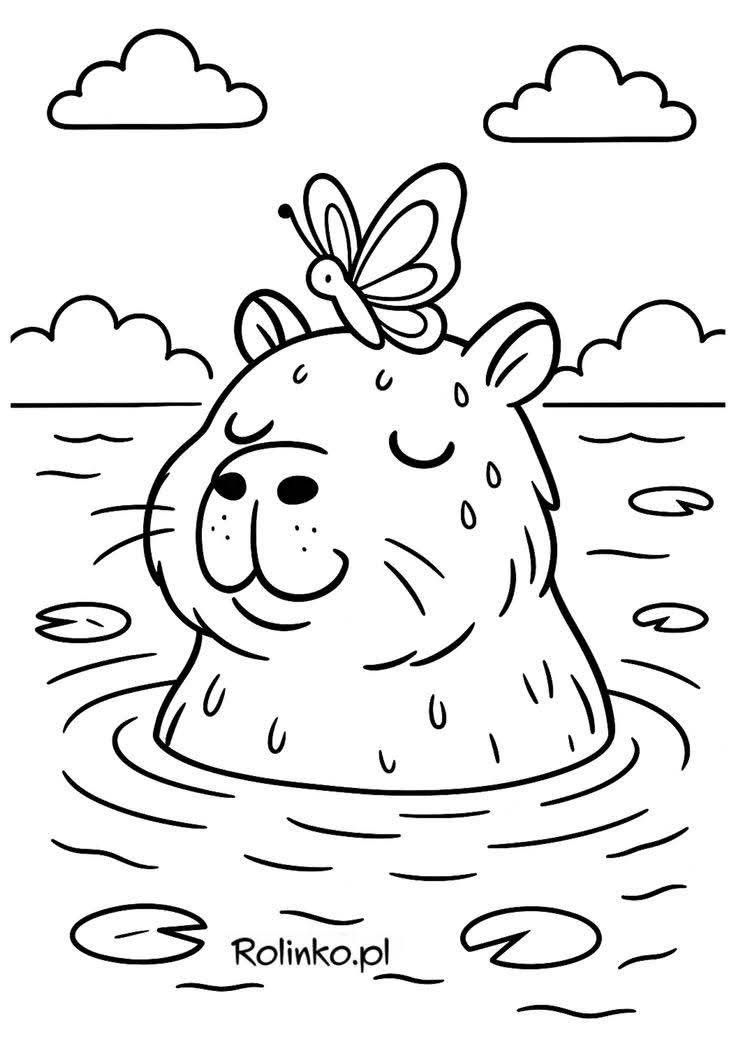 Capivara relaxando na água com borboleta na cabeça, esperando para ser colorida. Baixe e imprima agora!