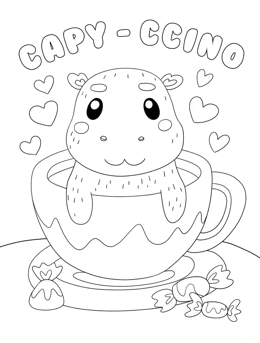 Desenho de capivara 'Capiccino' dentro de uma xícara de café com corações e balas para imprimir e colorir.
