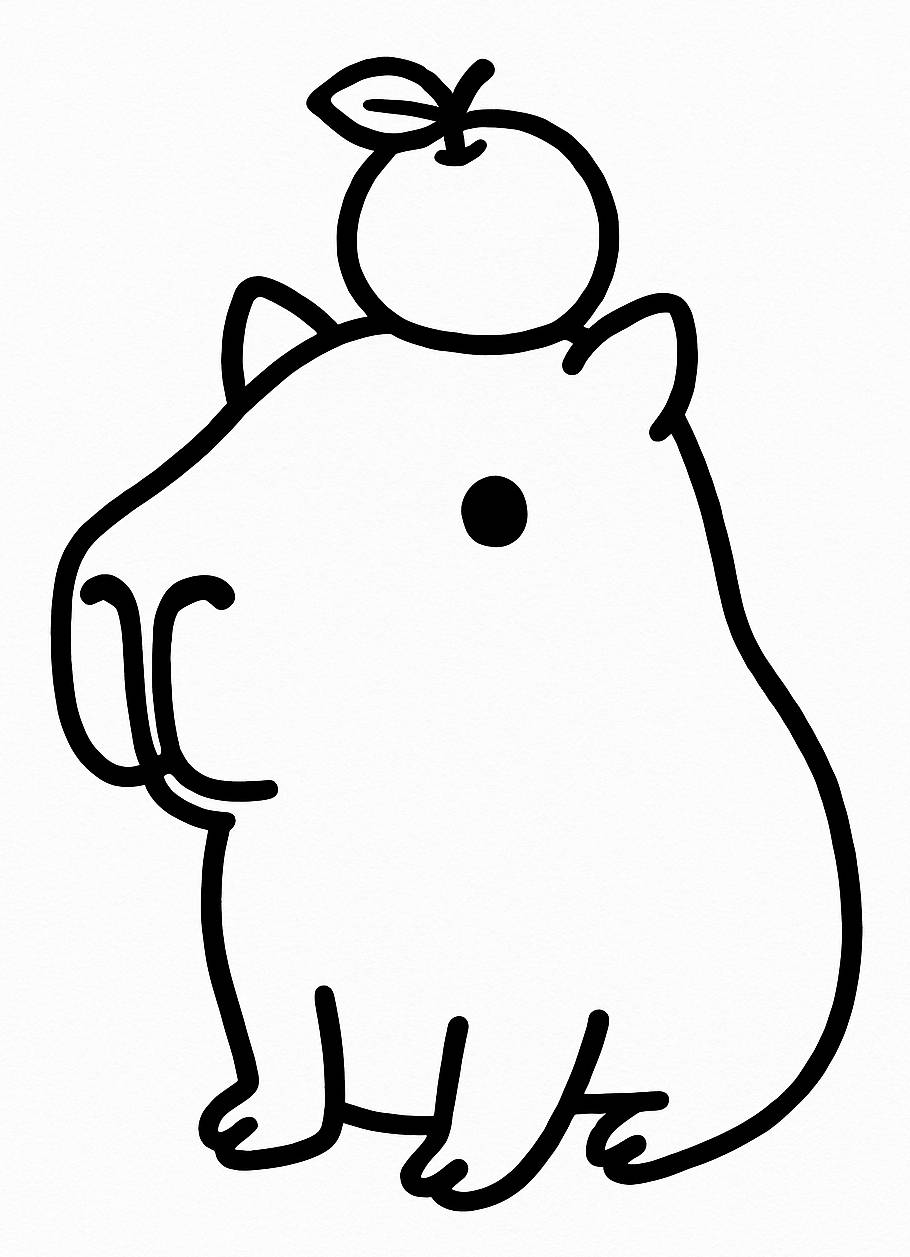 Desenho de uma capivara com uma laranja na cabeça como chapéu, estilo cartoon e traços simples para colorir.