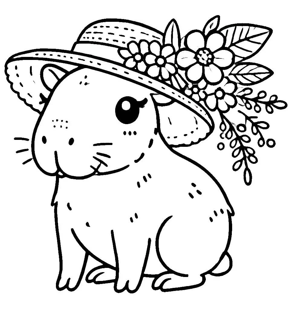 Desenho de uma capivara com um chapéu decorado com flores, em estilo cartoon, perfeito para colorir e celebrar a beleza da natureza.