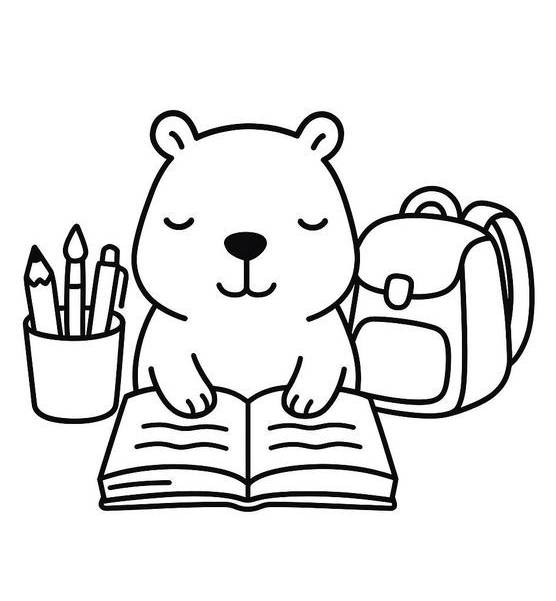 Desenho de uma capivara fofa lendo um livro com mochila e porta-lápis ao lado para imprimir e colorir.