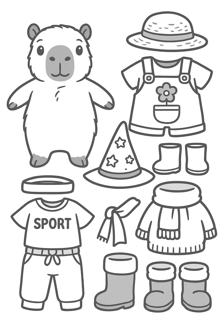 Desenho de capivara fazendeira com roupinhas e acessórios diversos para imprimir e colorir.