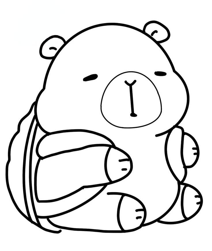 Desenho de uma capivara animada com mochila, indo para a escola, pronta para imprimir e pintar.